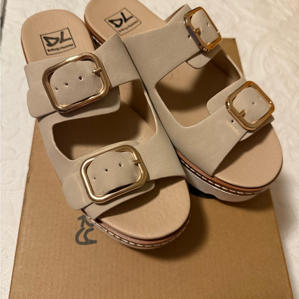 Women's Beige Sandals with Gold Buckles. New in box
